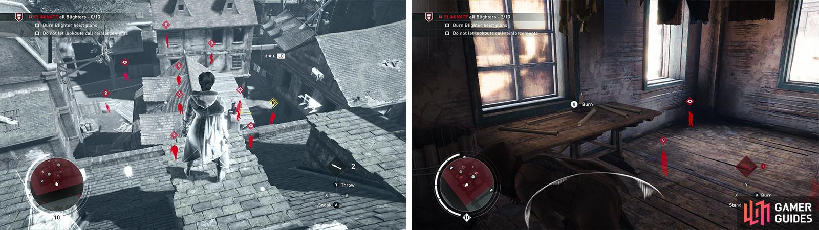 Tag the enemies using Eagle Vision from the rooftops (left). The heist plans can be found in the building in the south of the area (right).