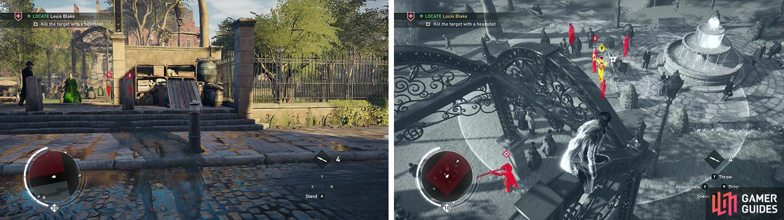 Use the route starting at the south end of the area (left). From the structure in the centre of the park you’ll be able to find and shoot the target (right).