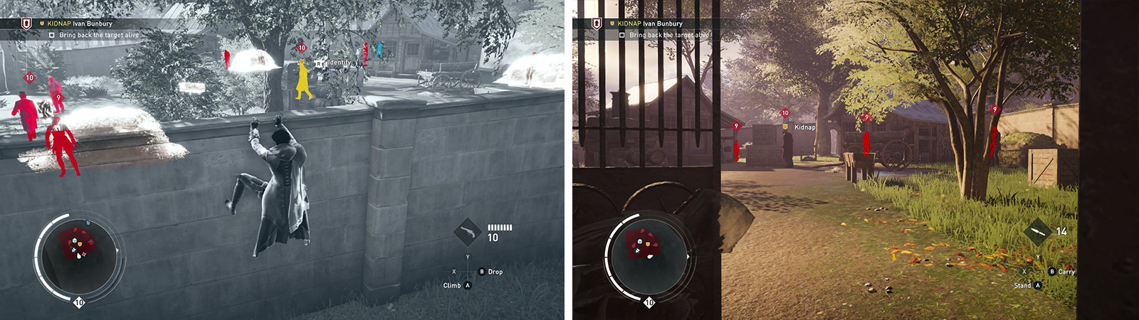 Tag the enemies in the walled area (left). Use the gate to corner take down guards (right).