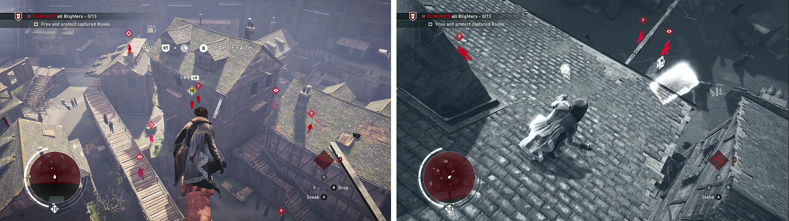 Tag the enemies using Eagle Vision from the rooftops (left). The first Rook is located in the courtyard (right).