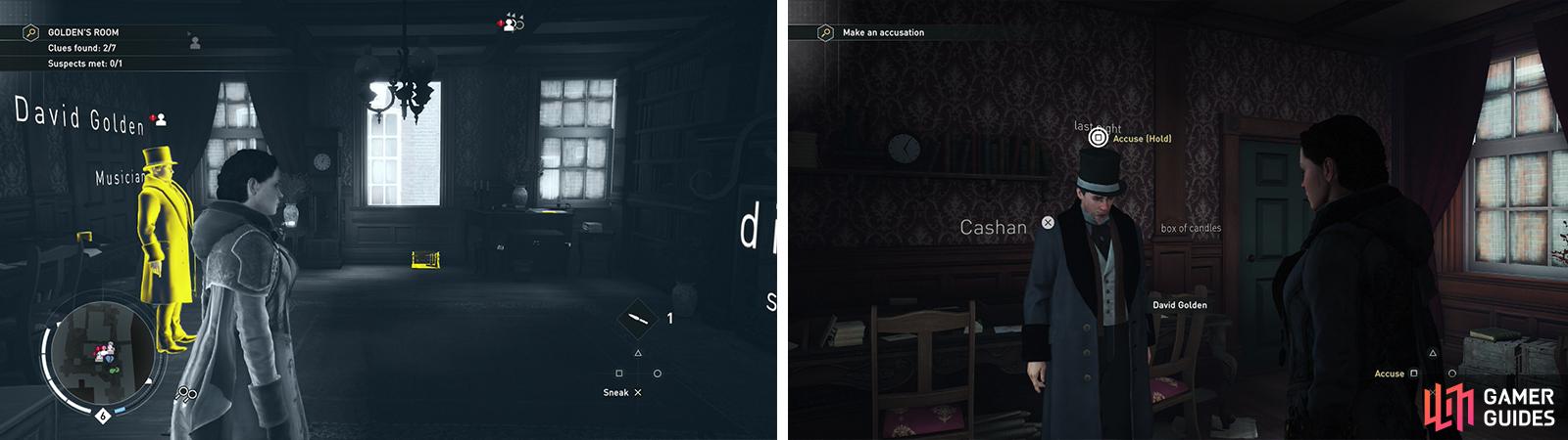 Loot the clues in the Golden’s Room (left) and then chat with the suspect (right).