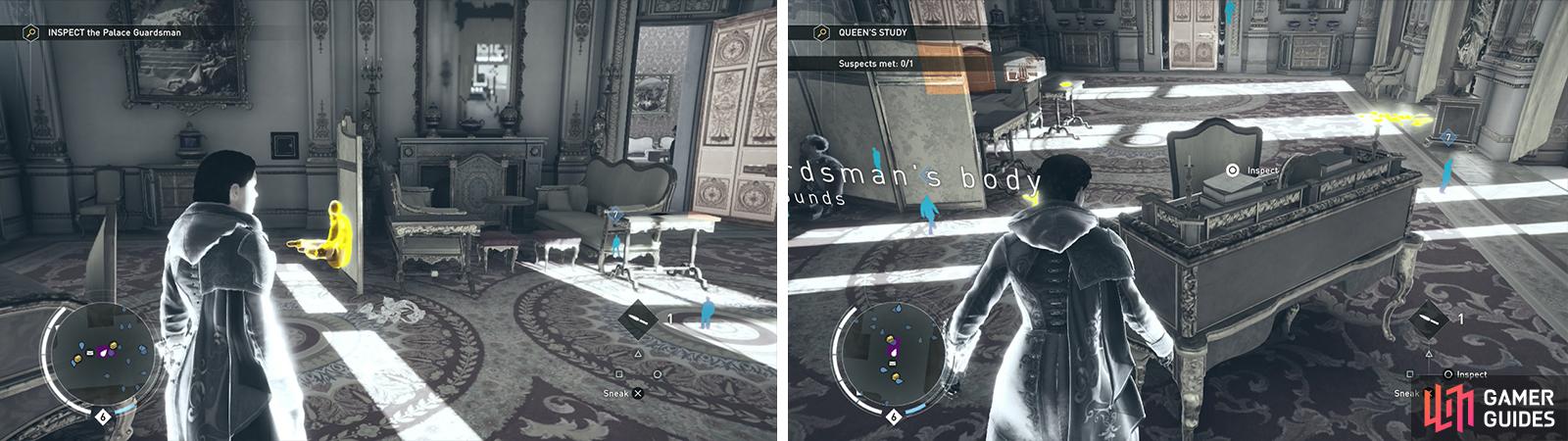 Inspect the body (left) and then the clues in the Queen’s Office search area (right).