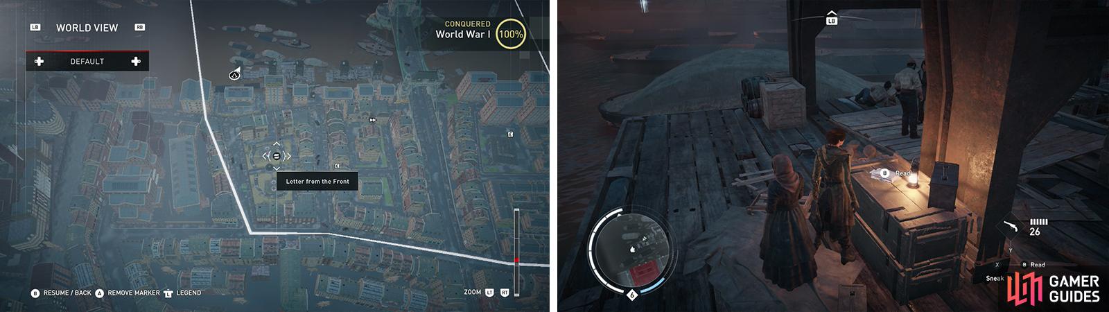 The Letters from the Front icon on the world map (left) and what they look like in-game (right).