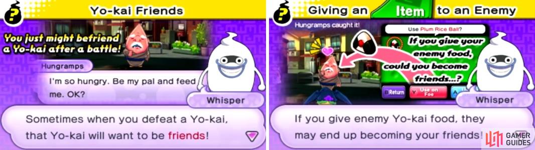 Sometimes Yokai will join you after battling them (left). You can increase this chance by giving them their favorite food (right).