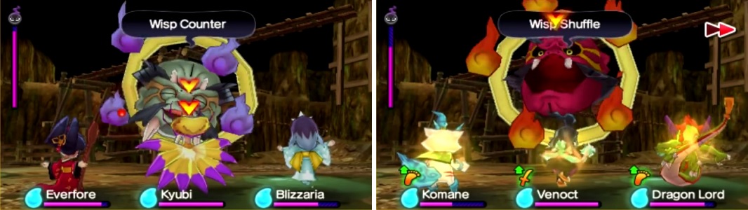 Target the wrong flame and you’ll receive a counter (left). Duwheel can change the location of the right flame with Wisp Shuffle (right).