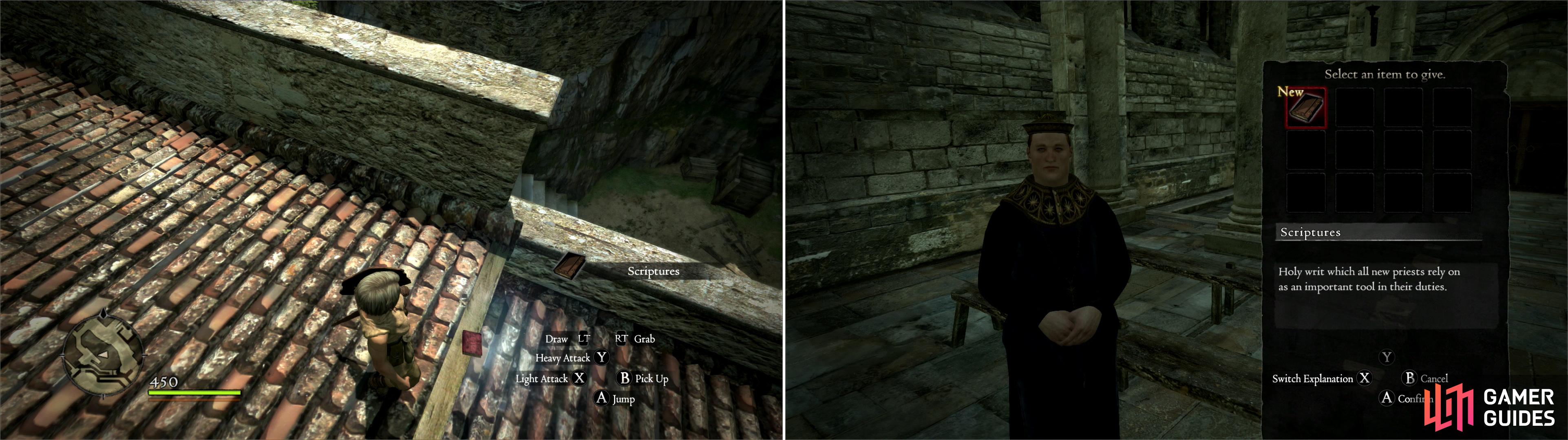 Find the missing Scriptures on a roof near the chapel (left) then deliver them safely back to Clemente for a modest quest reward (right).