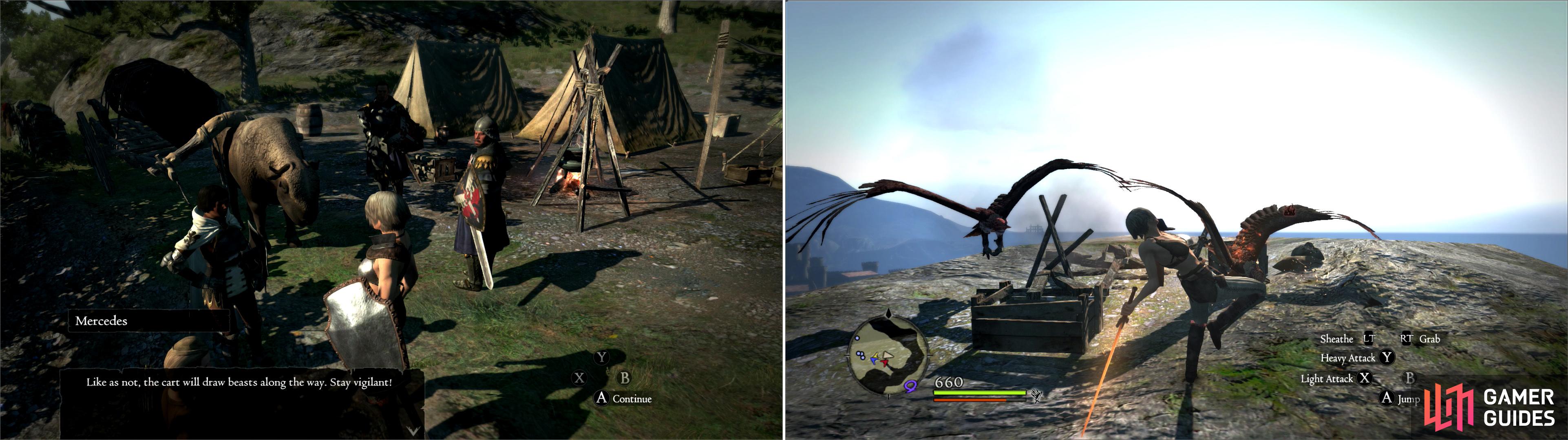 Navigate through Manamia Trail to reach the Mountain Waycastle, where Mercedes and the rest of the escort awaits (left). As Mercedes warns, monsters will be lured to the Hydra head, including the aerial nuisance, Harpies (right).