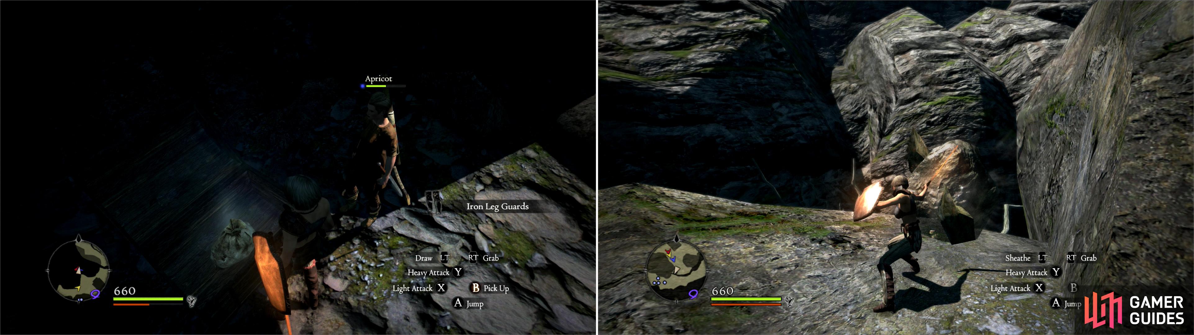 You can find new gear in a handful of chesta found during your trip through Moonsbit Pass (left). Destroy some boulders to prevent them from troubling you later (right).