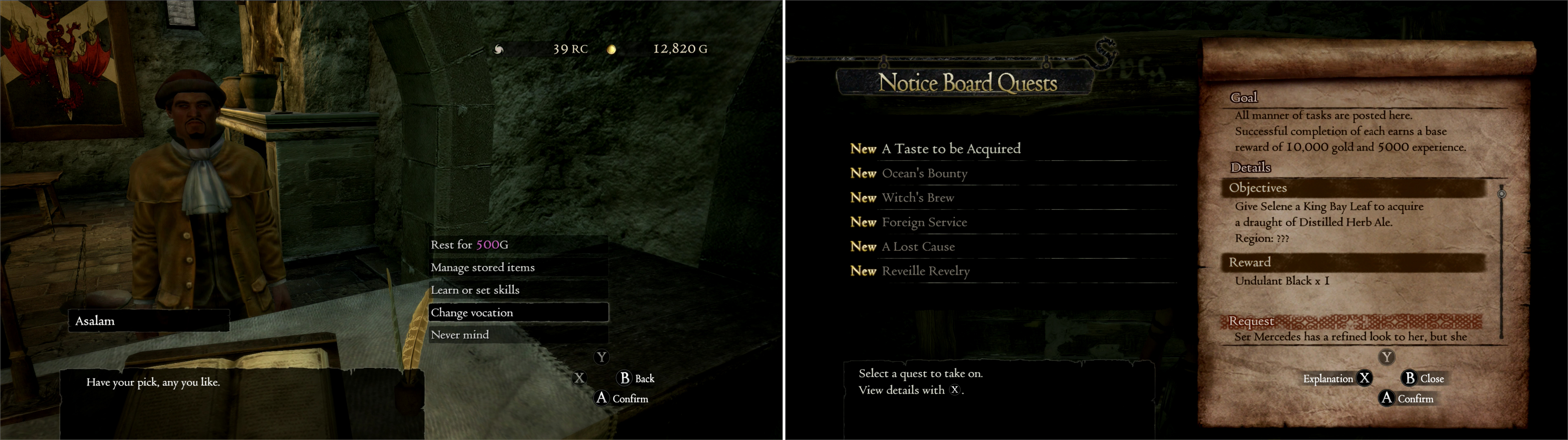 Visit Asalam in the Gran Soren Union Inn to change your Vocation (left). Also be sure to pick up new quests at the nearby Notice Boards (right).