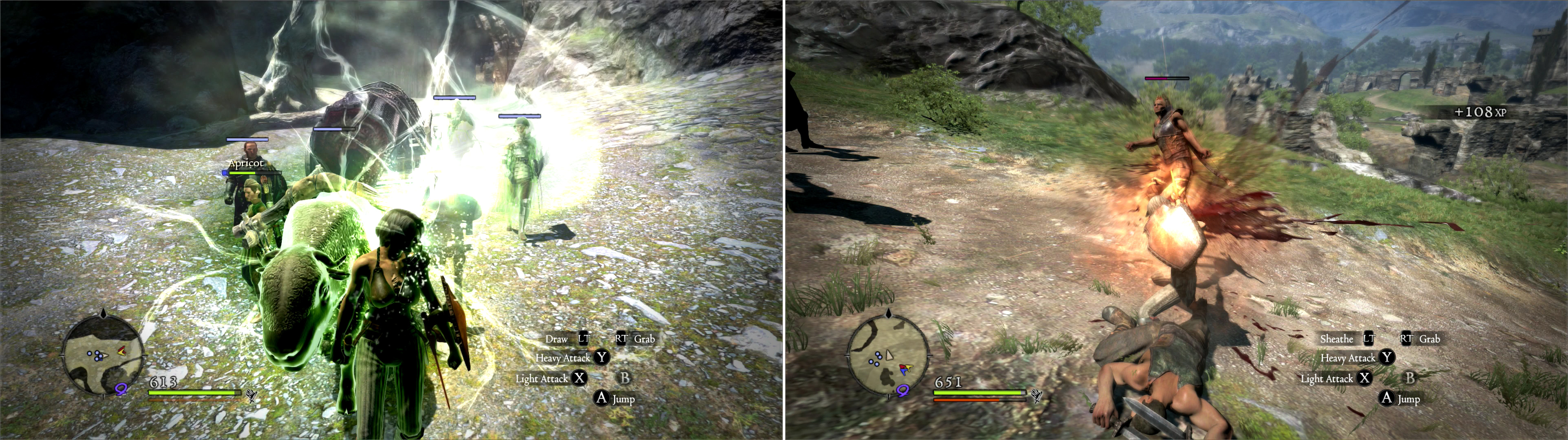 If your poor Oxen takes some bumps and bruises during travel, simply request help from your Pawns and stand in front of it to give it some collateral healing (left). Bandits on the Estan Plains will be your last challenge enroute to Gran Soren (right).