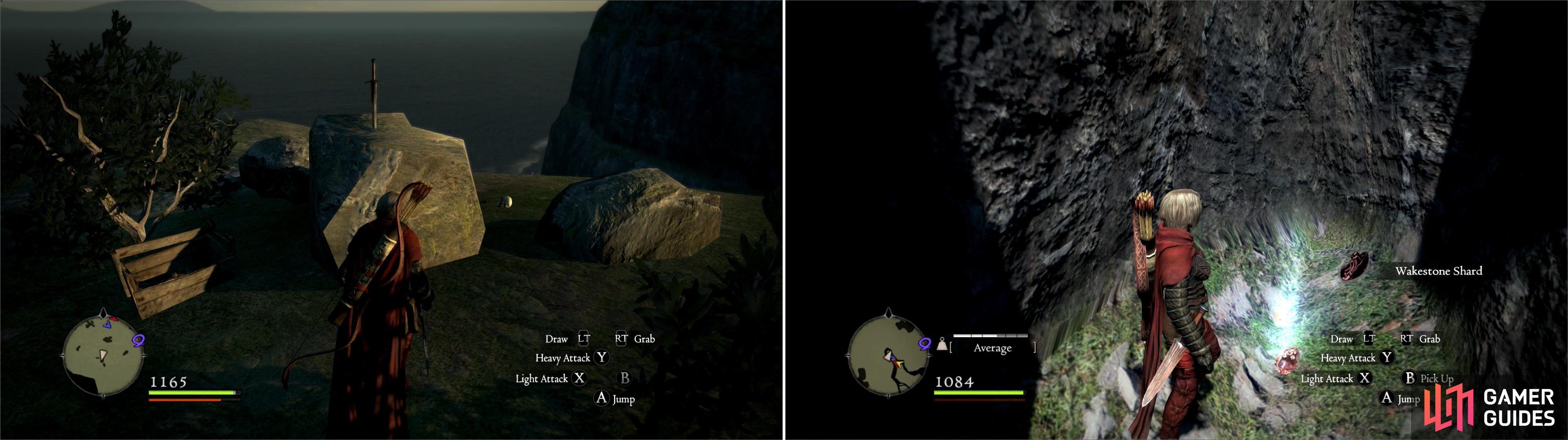 The cliche sword-in-the-stone can be searched for a random weapon (left). In a nearby chasm you can find a Wakestone Shard (right).