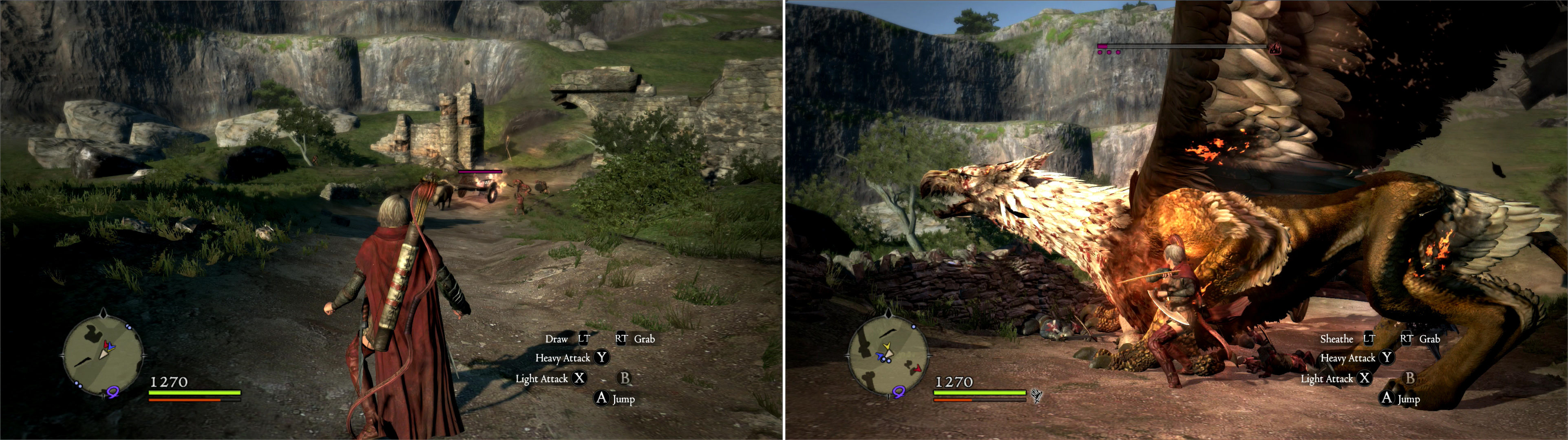 As you leave Gran Soren you’ll witness a wagon being attacked by some Goblins (left). Eventually a more dire threat - a Griffin - will show up and make off with the wagon’s Oxen (right).