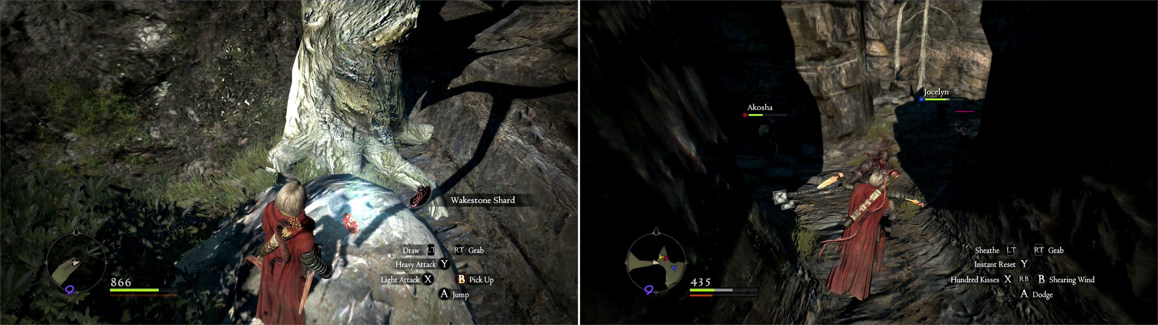 Search a cubby to find a Wakestone Shard on a rock (left) then challenge the powerful Bandits occupying Pastona Cavern (right).