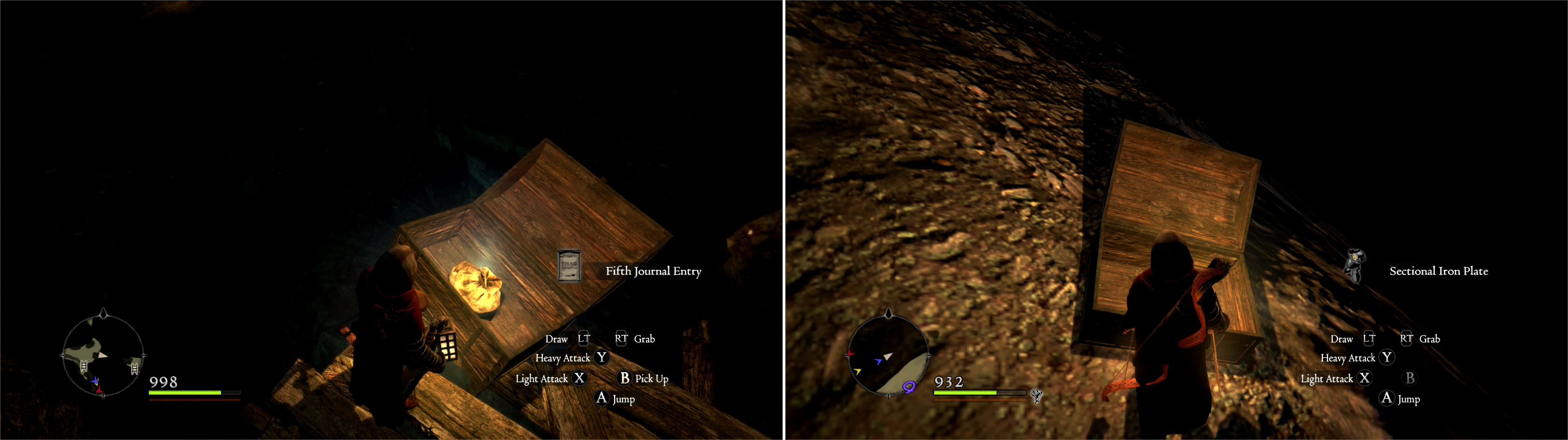 On a ledge overlooking Soulflayer Canyon you can find the Fifth Journal Entry (left). After plundering Soulflayer Canyon, find a chest on some cliffs for some parting treasure (right).