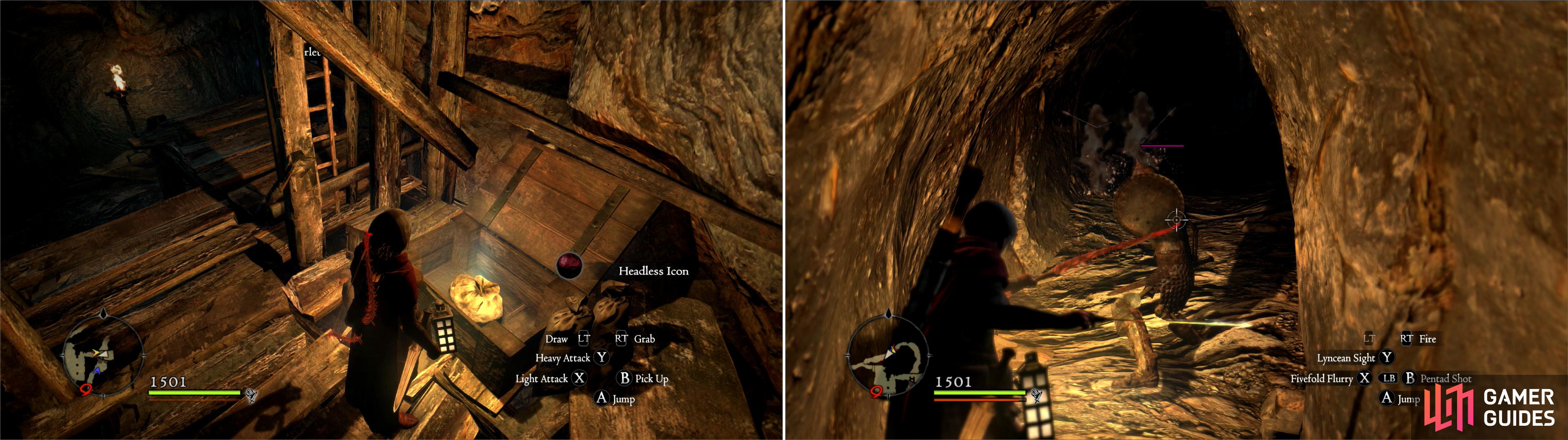 Search a chest under a wooden platform to find a Headless Icon, another rare component (left). Skeleton Knights guard a passage, at the end of which you’ll find some treasure (right).