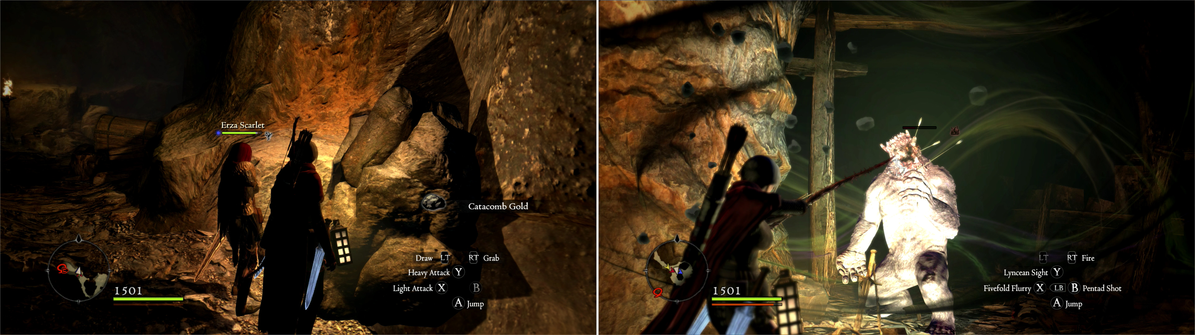 Ore veins can yield Catacomb Gold, which is unique to the Catacombs (left). An Ogre has set up a lair in some of the Catacomb’s natural caverns (right).