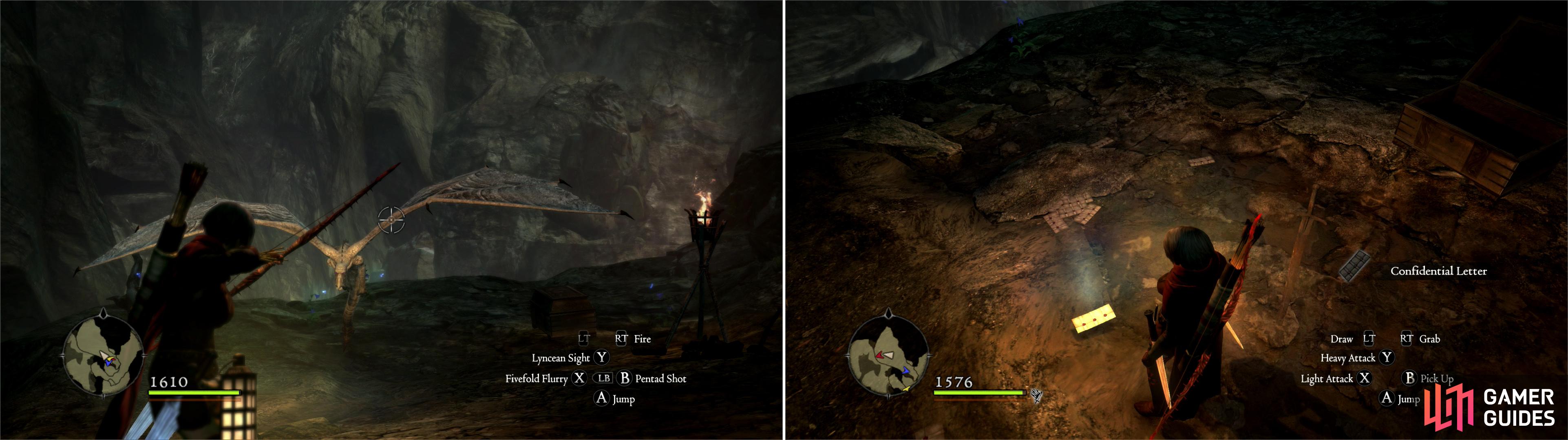 Confront the kleptomaniac Gargoyle on its watery legdge (left) then pick up the Confidential Letter Fedel lost (right).
