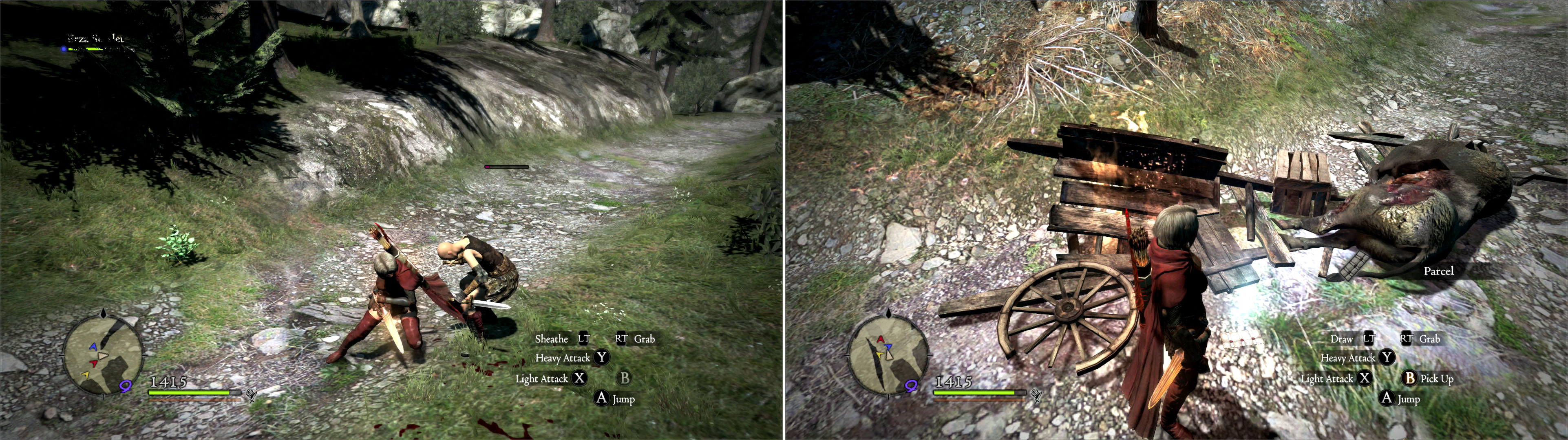 Dispatch the female Bandits near the wreckage (left) then investigate it to pick up two Parcels (right).