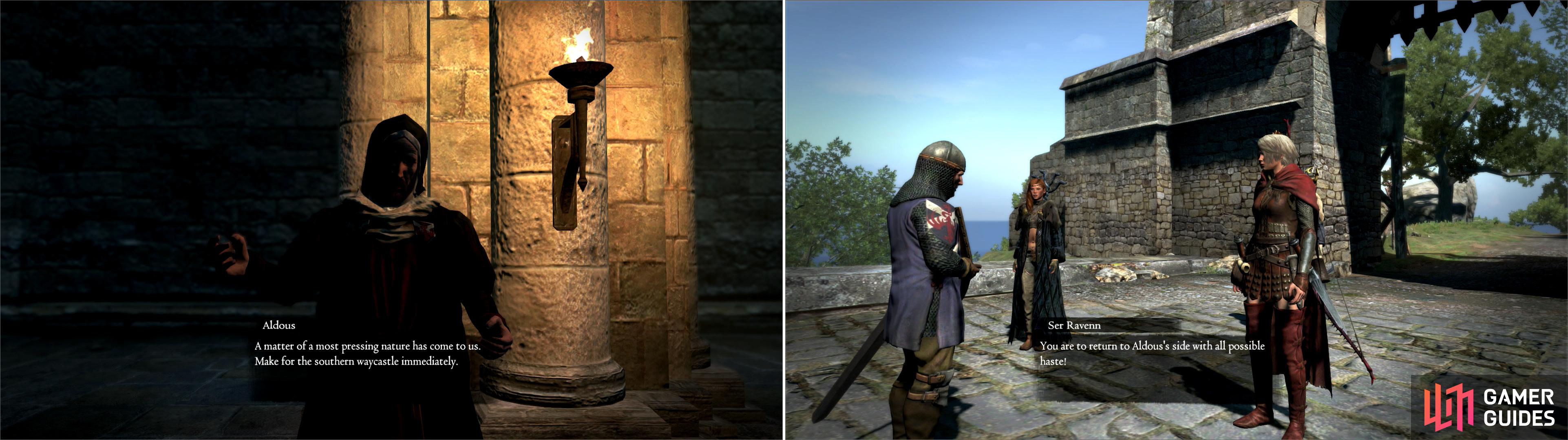 Accept Aldous’s next task (left) only to get the run-around when you reach the Mountain Waycastle (right).