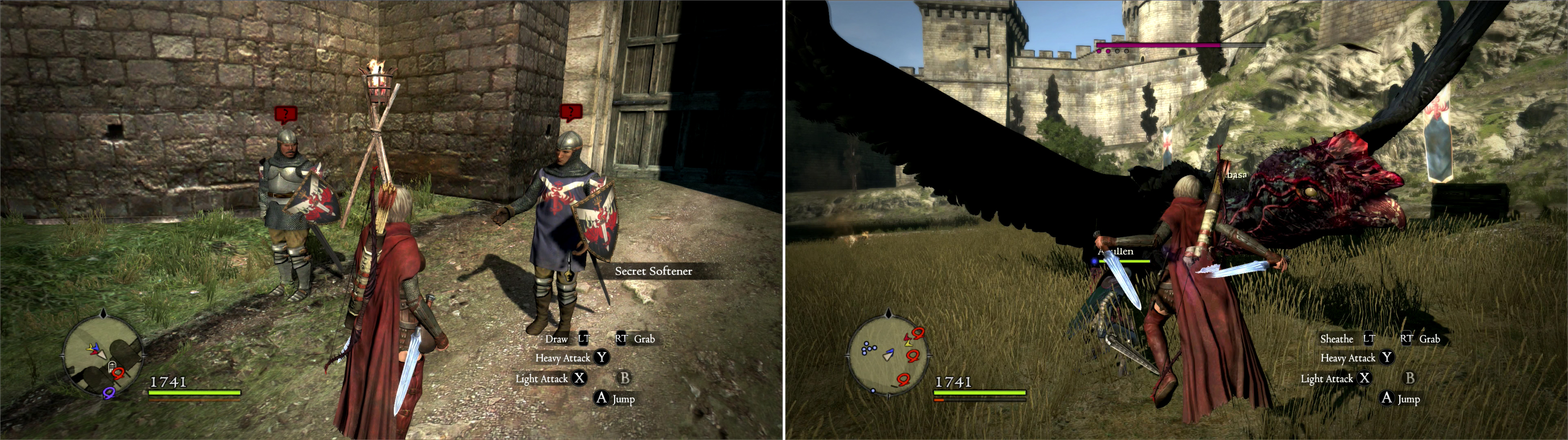 Approach the northern gate to Gran Soren and talk to the guard to get some helpful curatives (left), then enter the city and kill the resurrected Cockatrice, protecting the Duke’s other trophies, if possible (right).