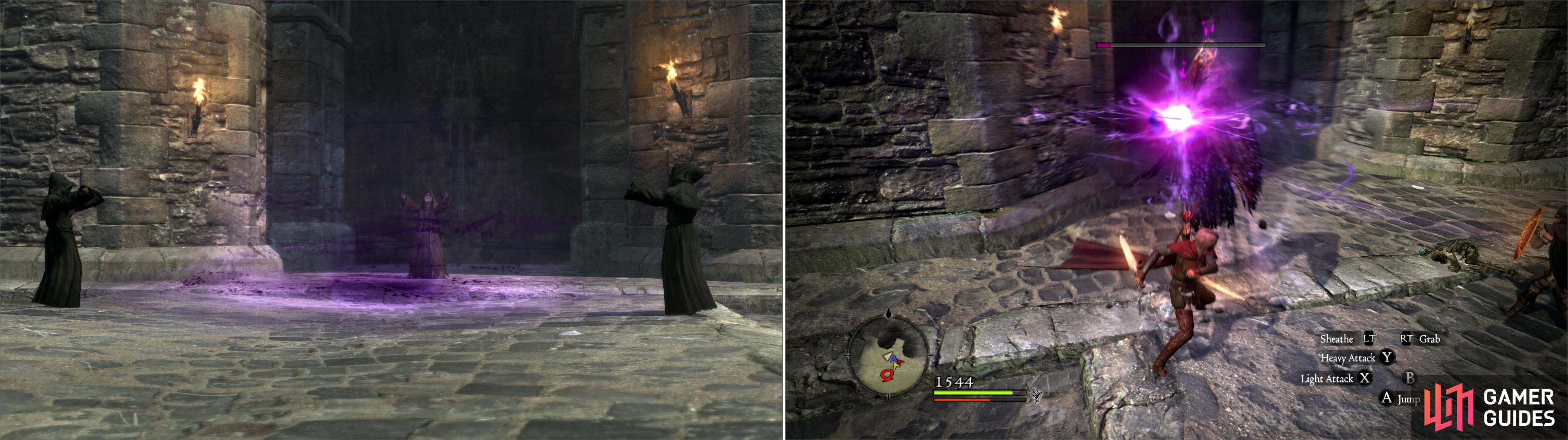 Reach the roof to find Salvation engaged in a dark ritual (left). After a sacrifice, you’ll have to fend off a pair of Wights and their undead guardians (right).