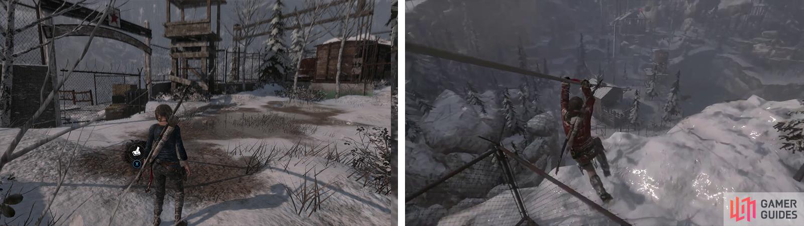 As you approach the guard tower you’ll find Survival Cache 04 nearby (left). When you are ready to continue use the tower to reach a zipline to the next area (right).