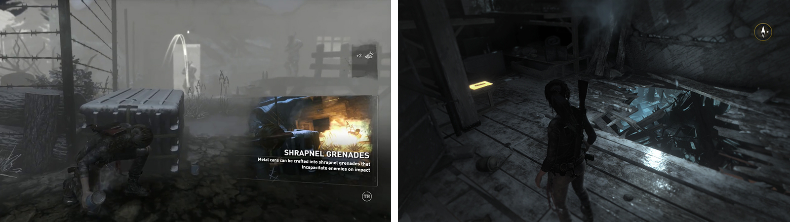 Craft a grenade to kill the enemies in front (left). Inside you’ll find a Laptop and Document 15 (right) before dropping down the hole to continue.