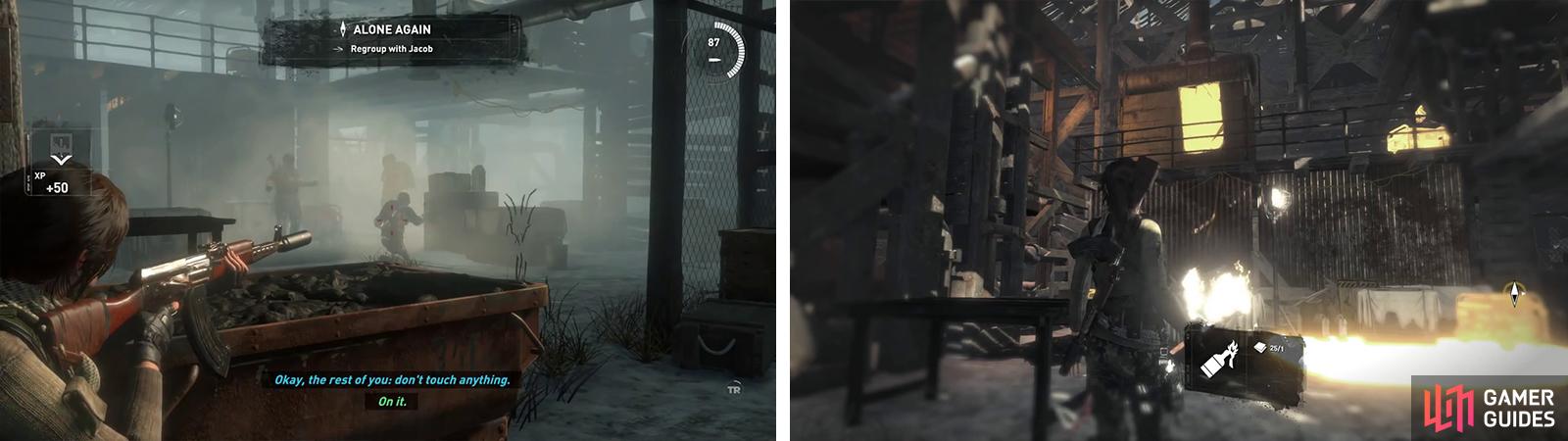 There are three enmies in the first room (left) - hit them with a Molotov or Grenade! Before continuing, hit the Poster above with a Molotov (right).