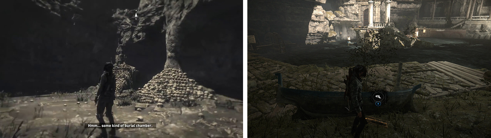 In the room with the skull pillars (left) is Relic 06. As you reach the puzzle room, Document 14 can be found by an overturned boat (right).