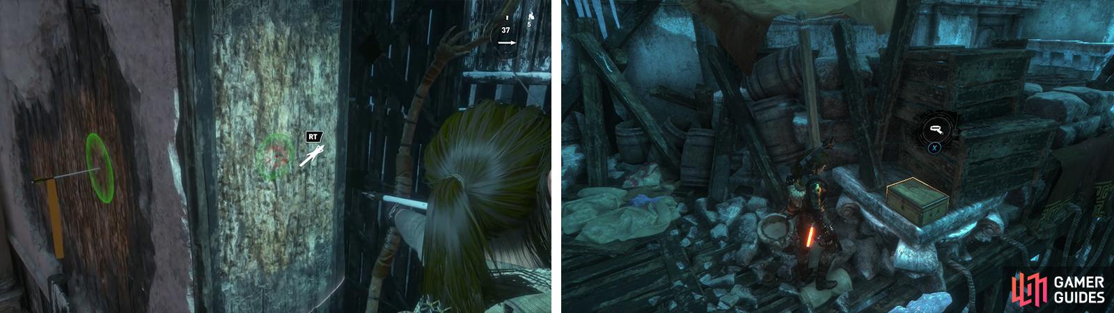 Use the Broadhead Arrows to climb the walls by the Base Camp (left). At the top you’ll find Relic 10 (right).