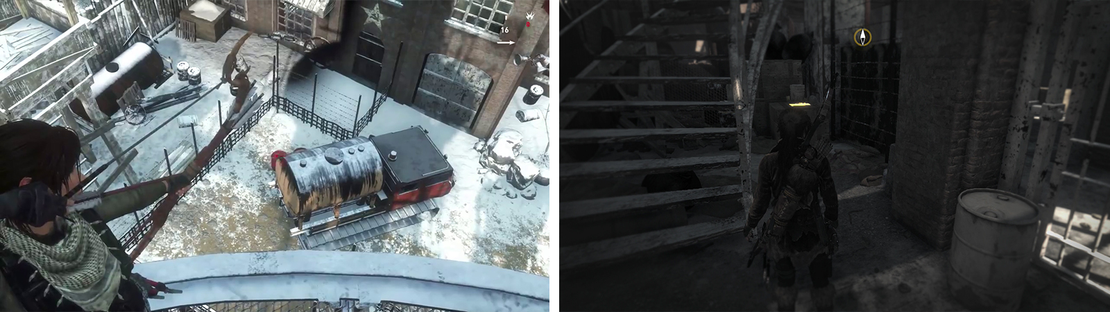 After reaching the circular platform, shoot the fuel tank below (left). Enter the prison and look beneath the stairs for Document 04 (right).