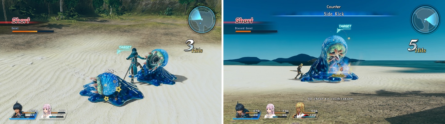 Take out the normal Gerels (left) before going after the boss. Countering is a viable attack method against the boss, since it only uses weak attacks (right).