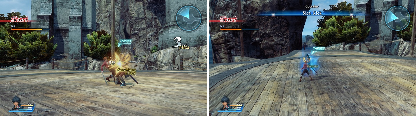 Cancel Chaining is just a matter of timing your attacks to make subsequent ones stronger (left). Countering weak attacks is a great way to mitigating damage and also do some of your own (right).