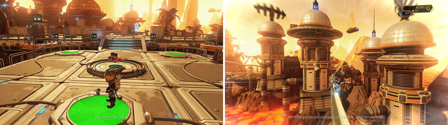 Hit the three switches (left) within the time limit to get the Grindboots, which allow you to grind on rails (right).