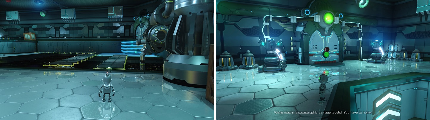 The basic premise of the Clank puzzles involve placing the bots in certain positions (left) to gain access to a switch you need to hit (right).