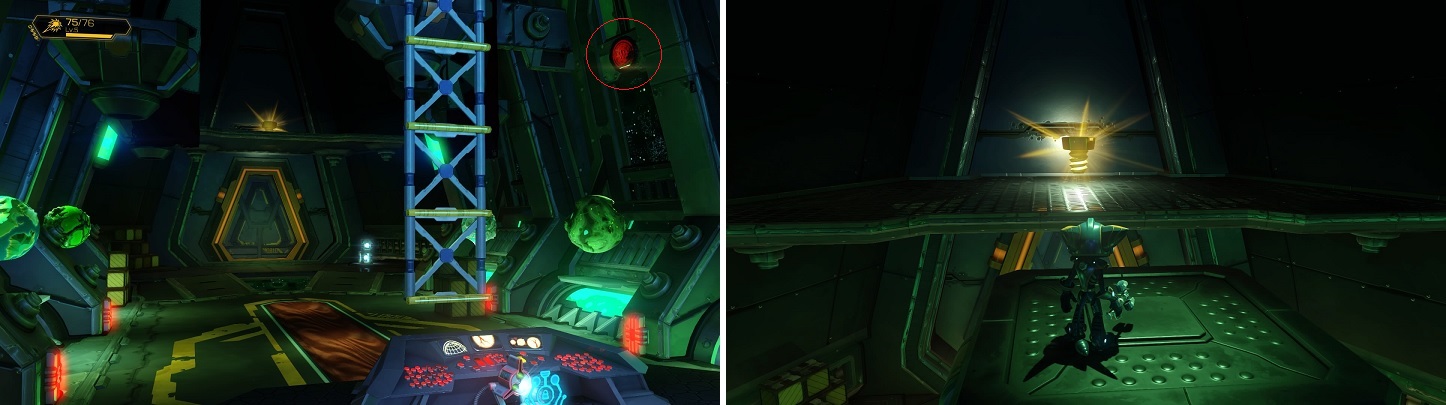 Hit the switch (left) to gain access to the upper levels of Drek’s Office, letting you grab the Gold Bolt (right)