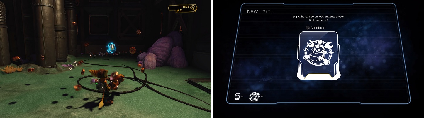 You can find packs while adventuring (left), netting you more cards. New cards are always pointed to you on the Holocard screen (right).