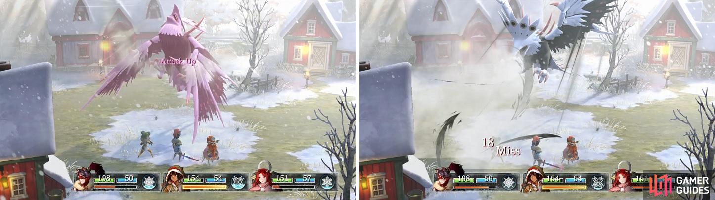 Whitewind can buff its attack with Inhale (left). Wing Slice is its most dangerous move, since it can hit multiple times and characters (right).