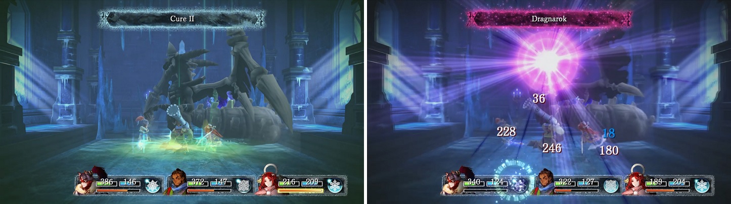 Setsuna’s Cure II (left) will heal pretty much every attack. Make sure you’re fully healed when you defeat the boss, as it will use Dragnarok (right).