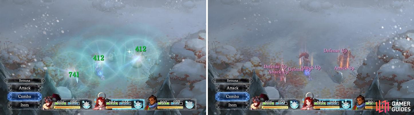 Endir’s Aura is one of your first group heals (left). Battlecry is one of the better buffs in the game (right).