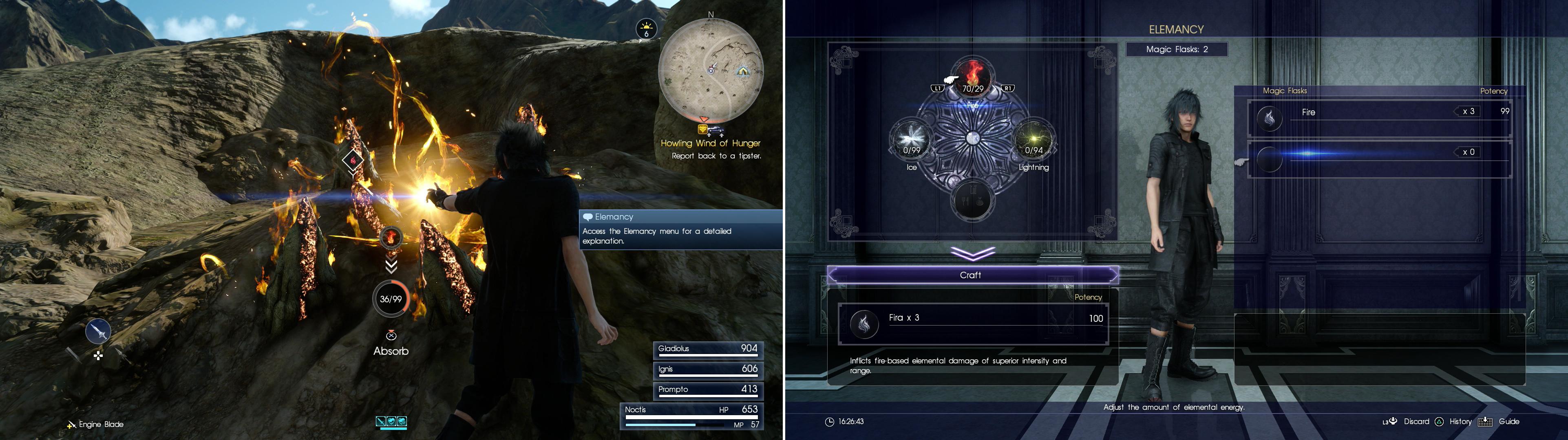 Draw elemental energy from deposits, which are usually found near havens (left), then use this energy to concoct elemental magic of varying potencies (right).