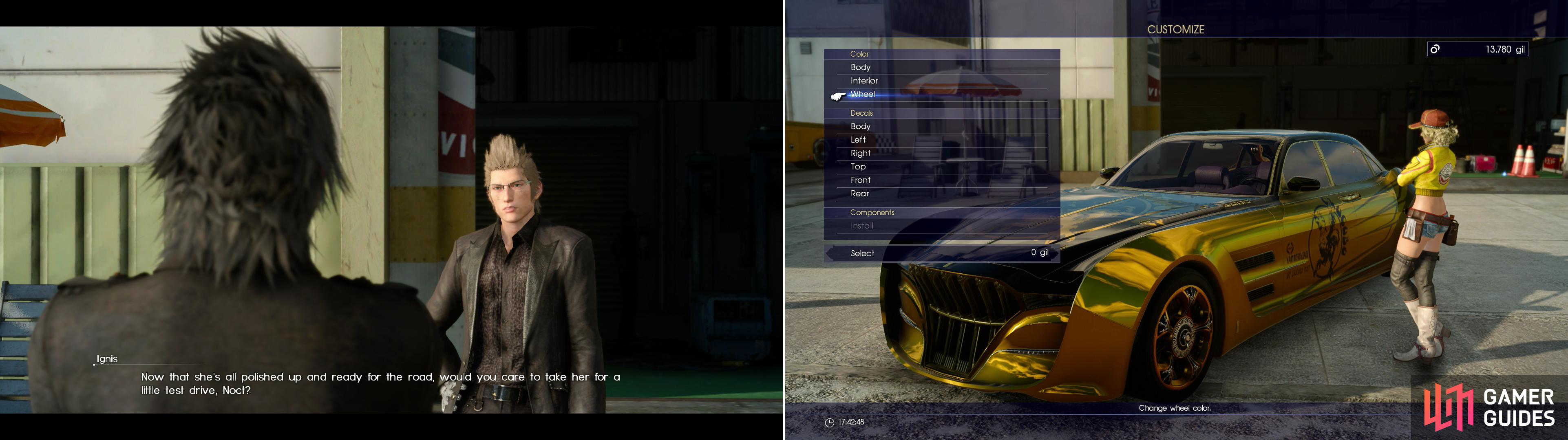 Now that the Regalia is repaired, Ignis is willing to temporarily give you the keys (left). You can customize the Regalia by bringing it back to Cindy (right).