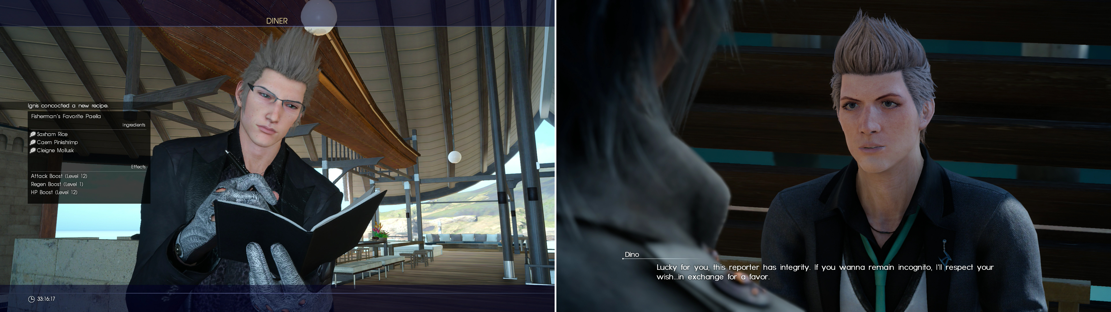 While expensive, Ignis can learn some new recipes if you treat yourselves to a meal at the Mother of Pearl (left). Dino will tell you bad news about the ferry - and offer you an alternative if you agree to some quid pro quo (right).