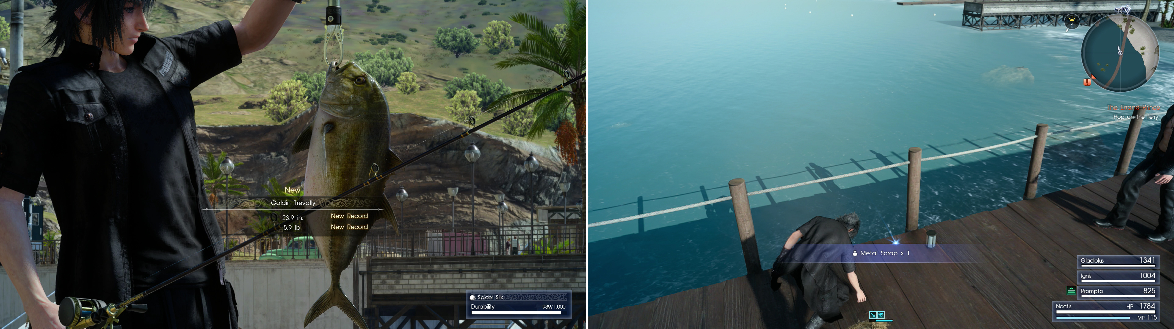 If you want to be ahead of the game, go fishing for some Trevally (left). On the pier you’ll find a Metal Scrap, which will be useful for a weapon upgrade later (right).
