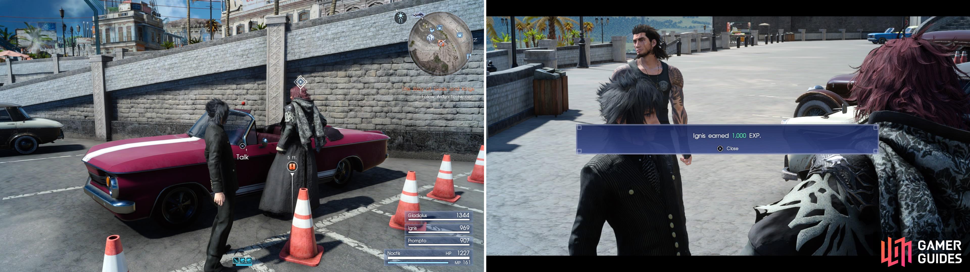 Follow Ardyn to his car (left) then select a driver for the journey (right).