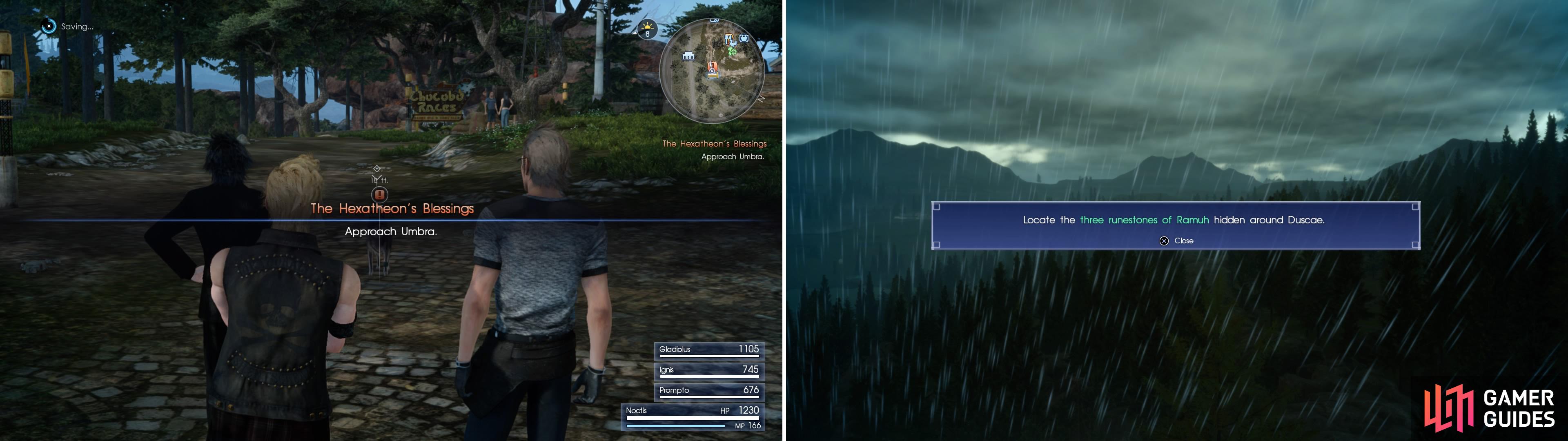 Follow Umbra (left) to meet with Gentiana and then prepare to find Ramuh’s runestones (right).