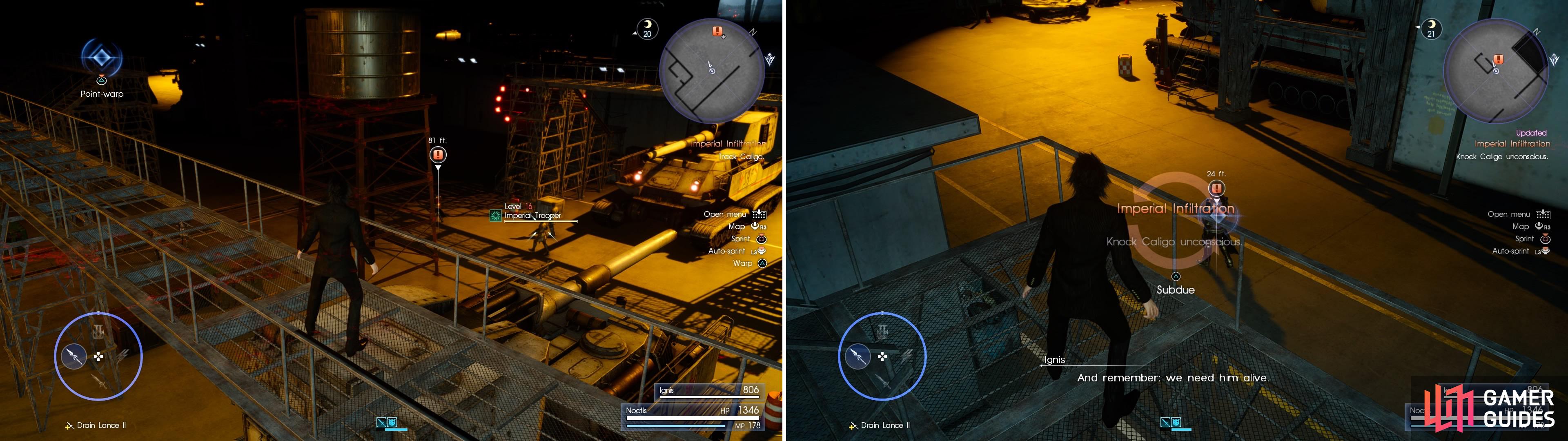 Make sure to warp to the catwalks so you survey the soldiers (left). When prompted, take out Caligo (right).