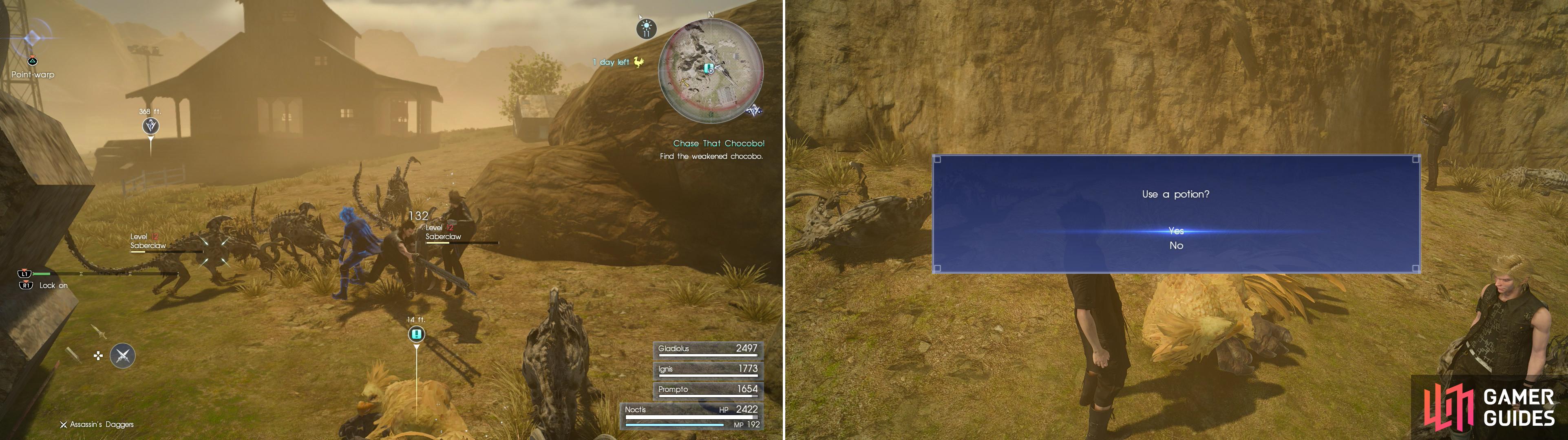 Examine the wounded Chocobo and you’ll be ambushed by some leveled Sabertusks (left). Kill them and squander a Potion on the bird to get it back on its feet (right).