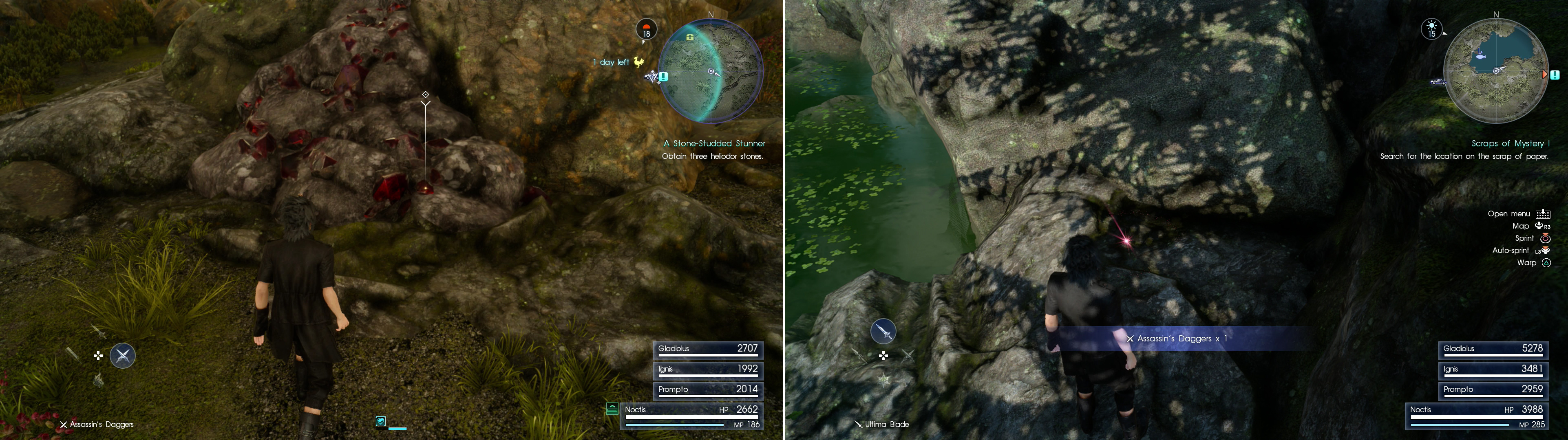 You’ll find the mineral deposits that contain Dino’s stones near the Swainsmere Fishing Spot (left). You can also grab some Assassin’s Daggers while you’re here - a free upgrade for Noctis and Ignis (right).