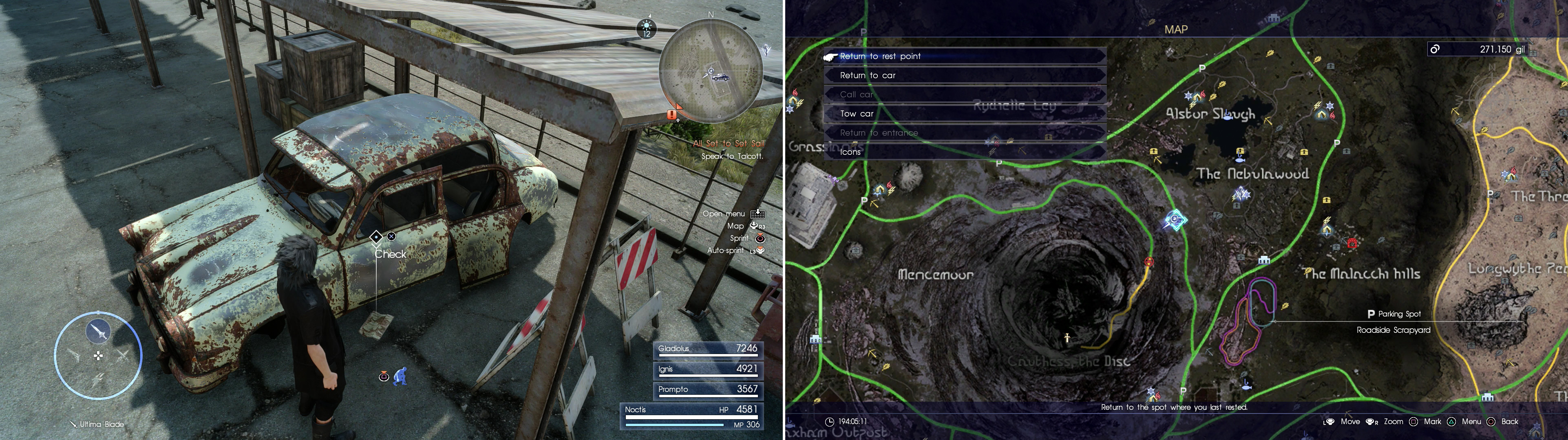 You’ll find Mystery Map VI near a broke-down car (left) at the Roadside Scrapyard Parking Spot (right).